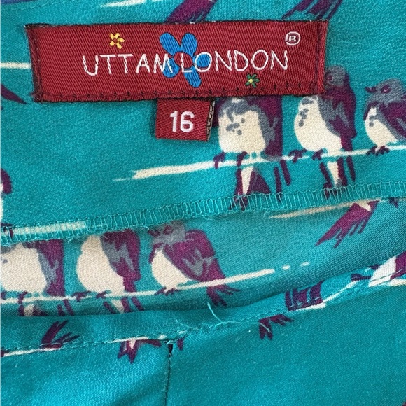 Uttman London sleeveless dress with a pattern of birds sitting on branches. - Picture 5 of 6